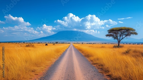 Majestic view of a mountain with golden grasslands under a vibrant blue sky