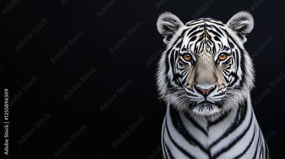 Fototapeta premium Majestic white tiger with piercing amber eyes staring intensely against a sleek black background, symbolizing power, elegance, and the rare beauty of wildlife