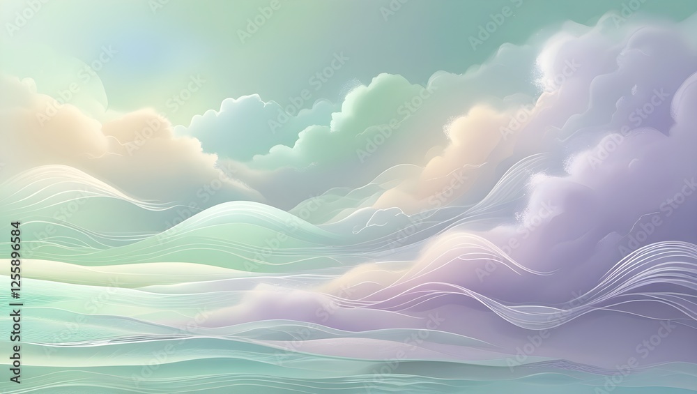 Dreamy pastel landscape with soft clouds and flowing ethereal lines Dreamy pastel landscape with soft clouds and flowing ethereal lines