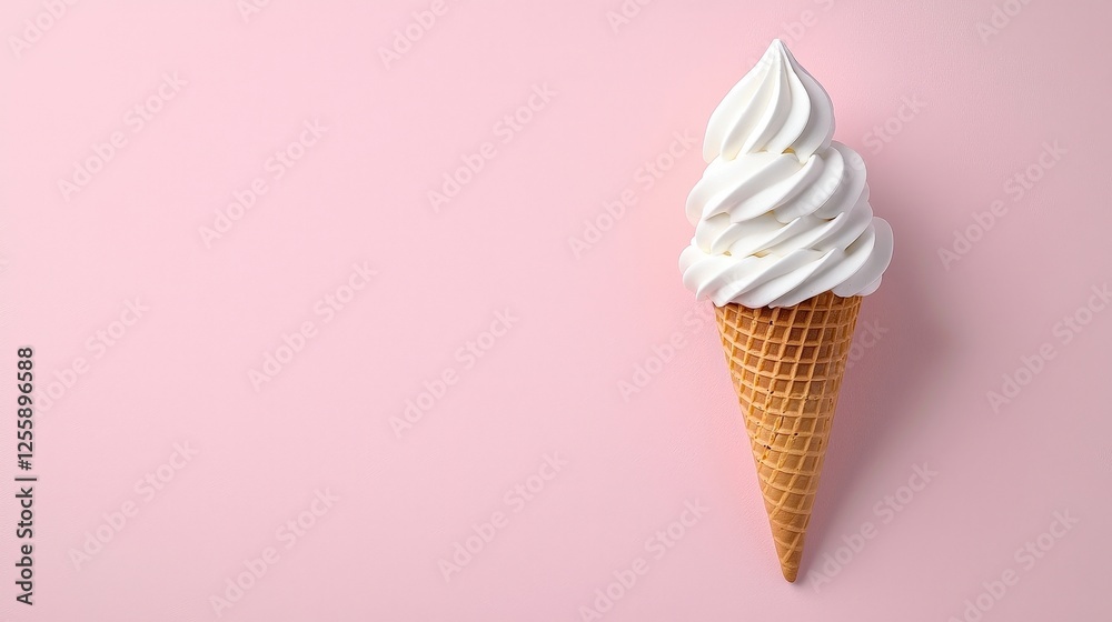Delicious Soft Serve Ice Cream in a Cone on Pink Background with Copy Space Delicious Soft Serve Ice Cream in a Cone on Pink Background with Copy Space