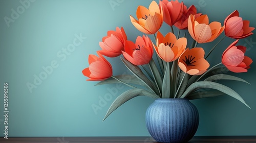 Colorful paper flowers in a blue vase against a teal background showcasing ar...