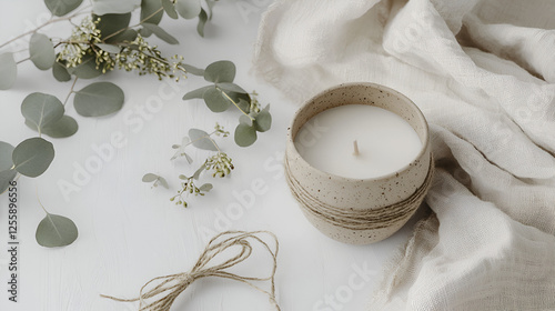 Serene Still Life: A cream candle with eucalyptus leaves on a white surface.  Warm and inviting fragrance.