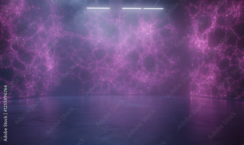 Naklejka premium A futuristic, abstract environment with glowing pink neural patterns and a reflective floor, creating a high-tech, immersive atmosphere.