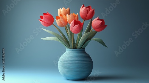 Colorful paper tulips in a blue vase against a soft background