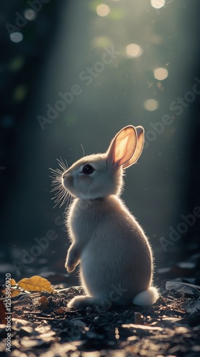 Cute rabbit standing on hind legs in soft light in a forest clearing