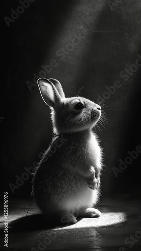 Small rabbit sitting in soft light with a focused expression during a quiet m...