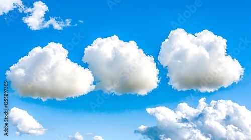 Three fluffy cumulus clouds in a bright blue sky