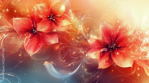Bright red flowers with soft swirls in a colorful abstract background during ...