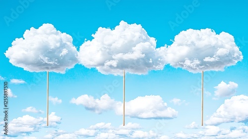 Three Fluffy Clouds on Sticks Against a Blue Sky