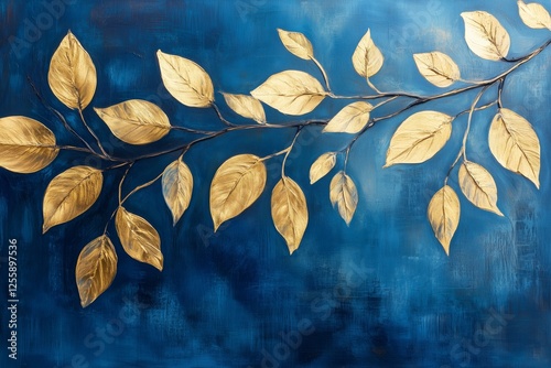 Gold leaf branch design on blue background highlighting elegance and nature's...