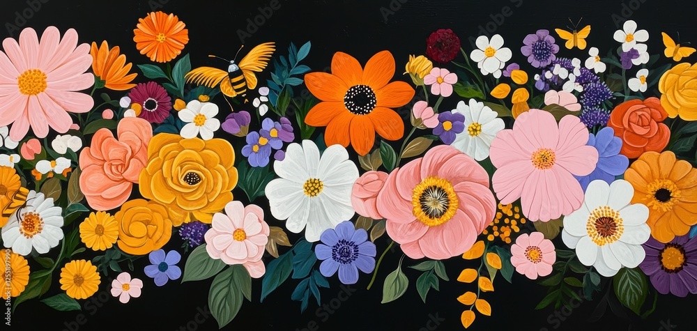 A vibrant garden bursting with blooming flowers in every color, with bees and butterflies creating a lively atmosphere A vibrant garden bursting with blooming flowers in every color, with bees and butterflies creating a lively atmosphere