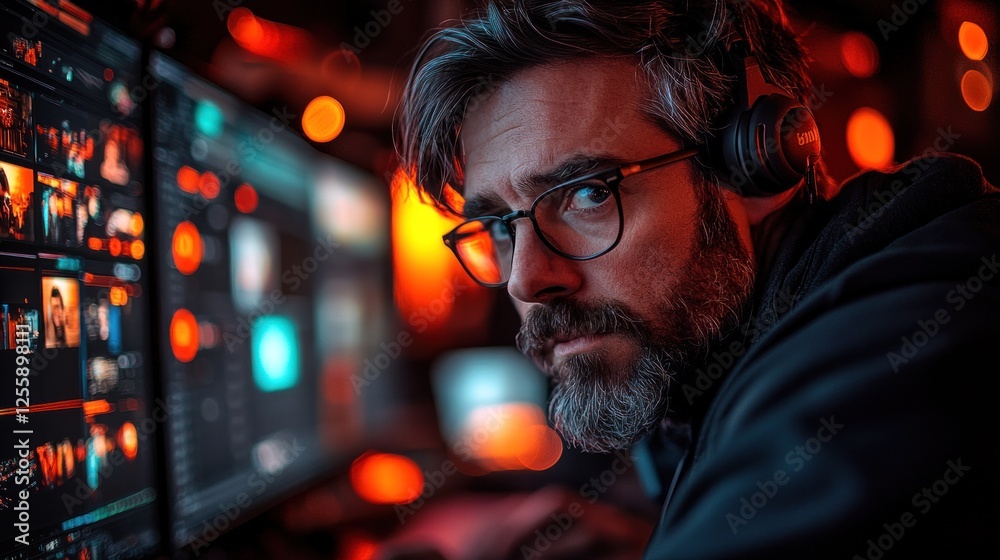 Focused man with glasses and headphones works late at night on multiple computer screens. Focused man with glasses and headphones works late at night on multiple computer screens.