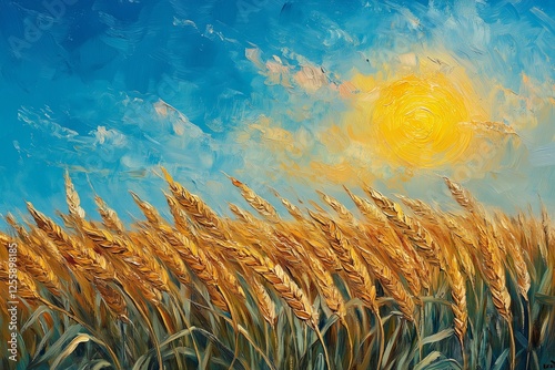 Golden wheat field swaying under a bright sun in a clear blue sky during the ...