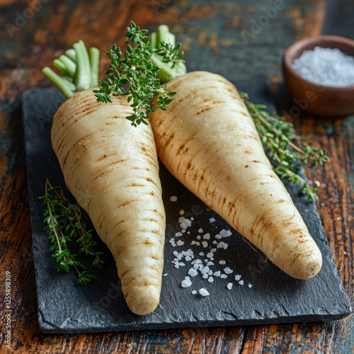 Parsnips with thyme and salt on slate, rustic wood background, food photography