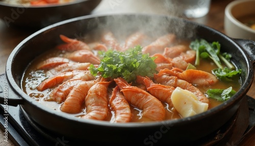 Steaming pot of spiced shrimp simmered with leafy greens and aromatics