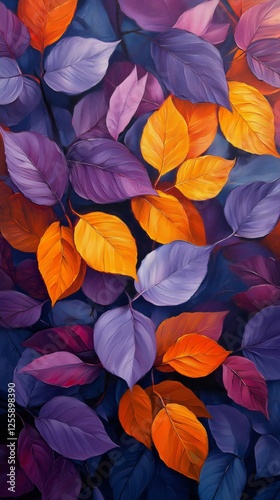 Colorful autumn leaves in shades of purple and orange create a vibrant natura...