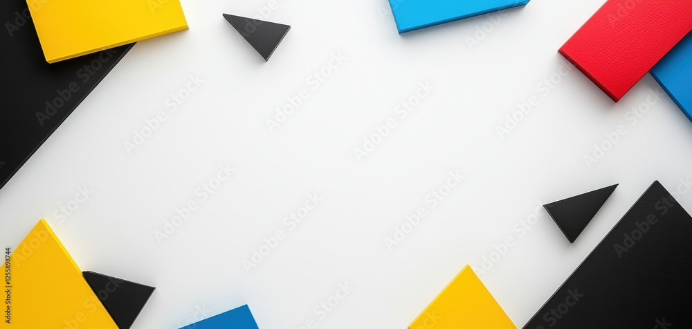 A visually striking abstract composition of colorful geometric shapes, perfectly balanced against a plain white backdrop A visually striking abstract composition of colorful geometric shapes, perfectly balanced against a plain white backdrop