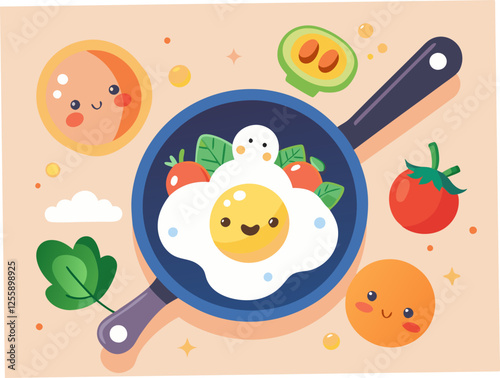 Cute Cartoon Food Breakfast Scene with Smiling Fried Egg and Happy Vegetables

