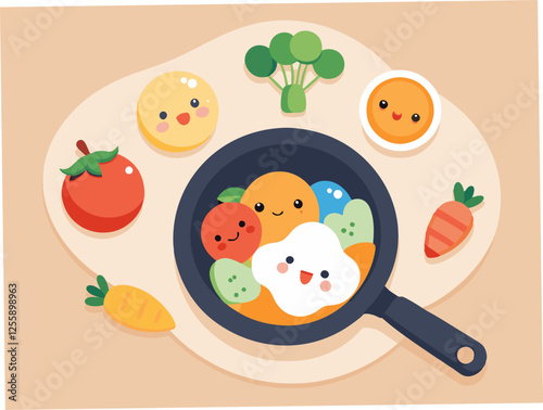 Cute Cartoon Food Breakfast Scene with Smiling Fried Egg and Happy Vegetables

