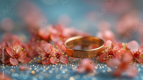 Golden wedding ring surrounded by delicate pink flowers and sparkling decoration
