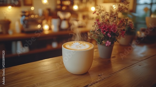 Warm latte art with steam in a cozy cafe setting during evening hours