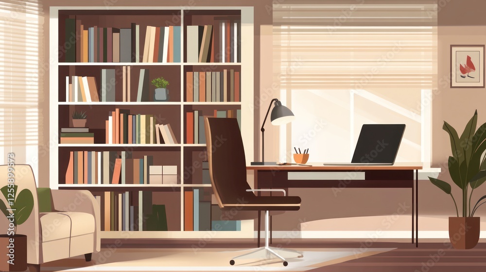 Fototapeta premium Cozy Home Office Illustration with Bookshelf and Natural Lighting