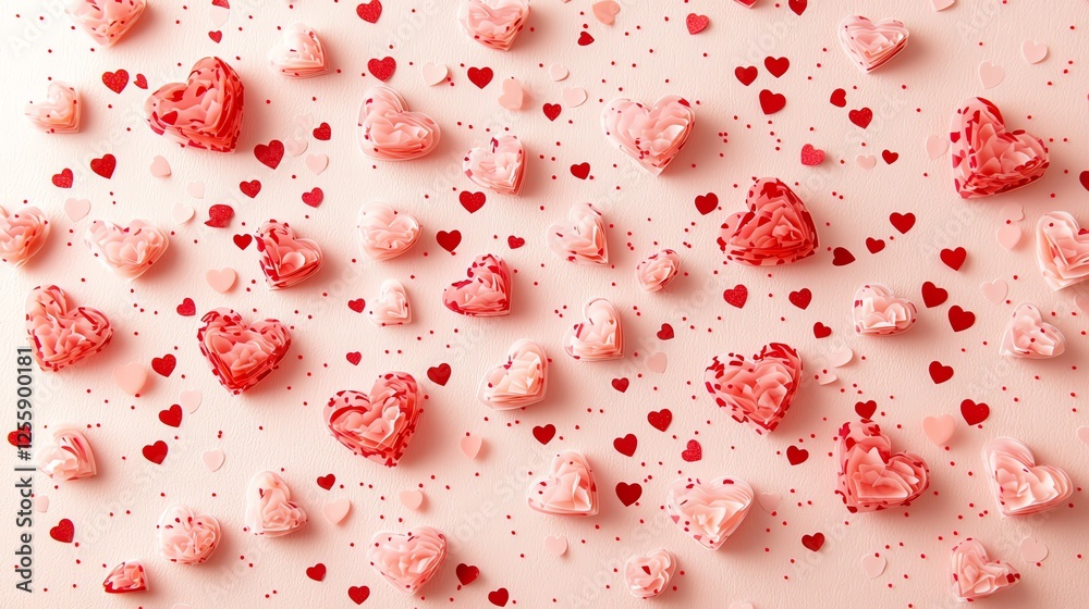 A colorful arrangement of pink and red heart-shaped decorations scattered on a light background, perfect for romantic occasions. A colorful arrangement of pink and red heart-shaped decorations scattered on a light background, perfect for romantic occasions.