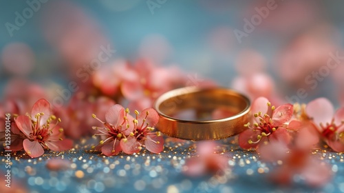 Gold wedding ring surrounded by delicate pink flowers and sparkling details