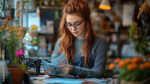 Young woman reviews colorful stationery in a cozy craft shop during a sunny a...