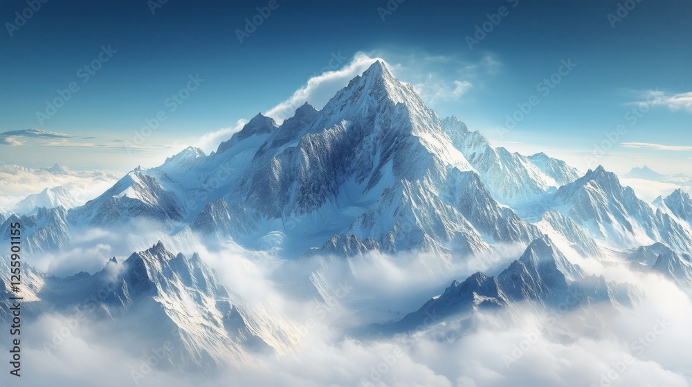 Obraz premium Snow-covered mountain peaks surrounded by clouds at sunrise in a stunning alpine landscape