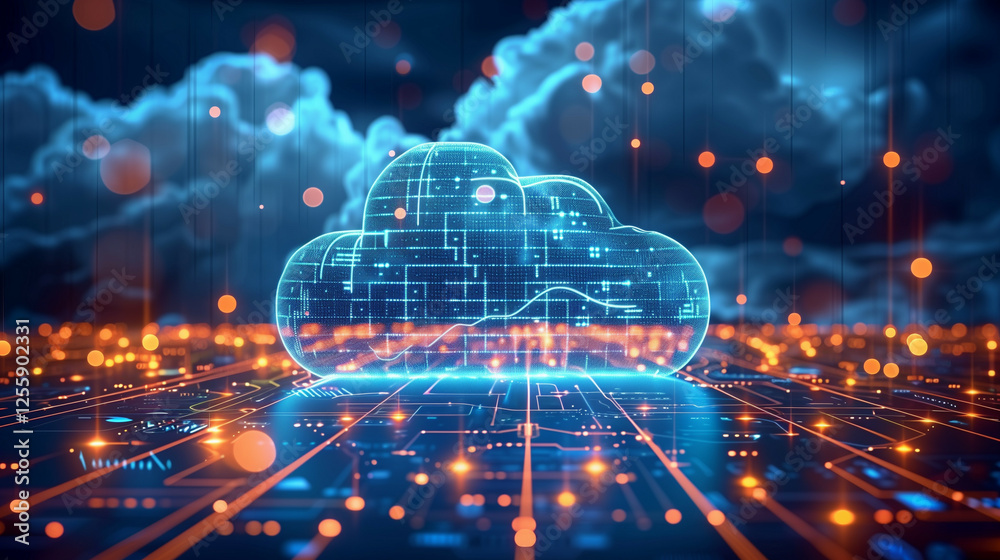 Futuristic digital technology concept with glowing cloud and circuit patterns in a cybernetic space under a stormy sky Futuristic digital technology concept with glowing cloud and circuit patterns in a cybernetic space under a stormy sky