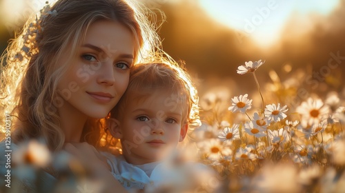 Mother and child enjoying a golden hour surrounded by wildflowers in a sunny ...