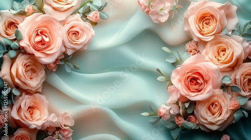 Soft pink roses on a light background with elegant fabric drapery