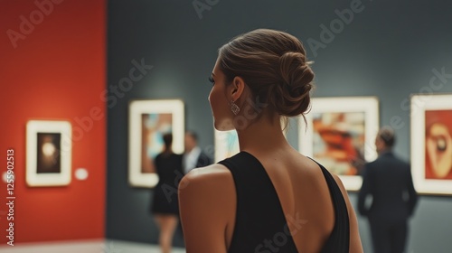 Elegant woman admiring artwork in contemporary art gallery or museum