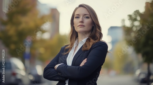 Confident businesswoman standing on city street with arms crossed