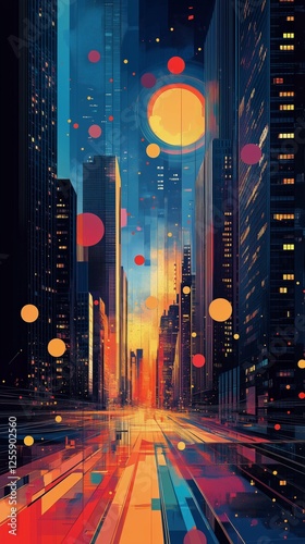 Vibrant urban skyline at dusk with colorful circles and bright lights
