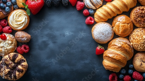 Fresh pastries and fruits arranged on a dark surface for a delightful dessert...