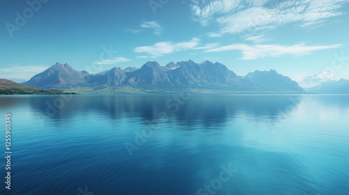 Scenic mountain view reflecting on calm blue water at dawn in a picturesque l...