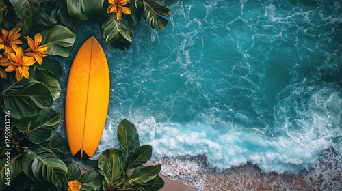 Vibrant yellow surfboard rests on beach surrounded by tropical flowers and tu...