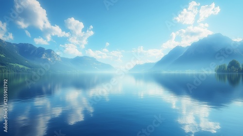 Serene landscape with mountains and clear blue lake under a vibrant sky