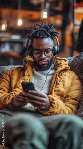 Young man enjoys music on smartphone while relaxing in cozy cafe