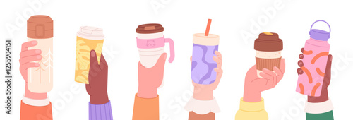 Reusable mugs in hands. Human holding thermo cups for takeaway drinks, hot beverages, coffee and tea. Zero waste lifestyle, smart life racy vector banner
