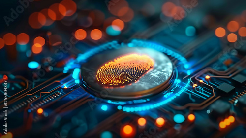 Close-up of a digital fingerprint scanner on a futuristic circuit board, illuminated with glowing blue and orange lights, symbolizing cybersecurity and biometric authentication photo