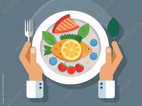 Flat Lay Illustration of Healthy Mediterranean Meal with Grilled Fish and Vibrant Vegetables