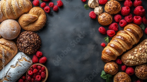 Bakery display of assorted breads and fresh raspberries on a dark surface