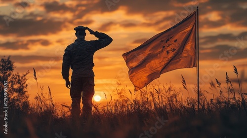 A silhouetted soldier saluting against the backdrop of a large national flag and a golden sunrise, symbolizing service and freedom photo