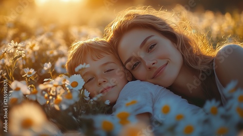 Smiling mother and son enjoy a sunny afternoon in a flower field during sprin...