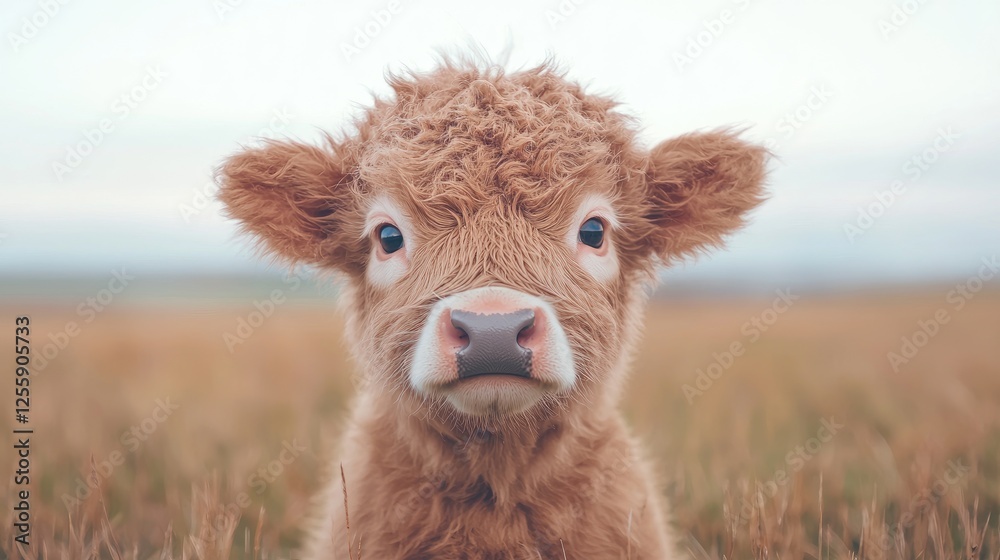 Highland calf stares, autumn field background, farm animal portrait, website banner Highland calf stares, autumn field background, farm animal portrait, website banner