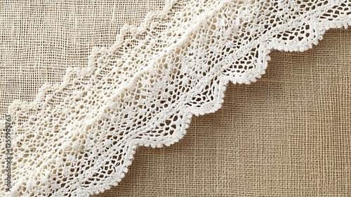 Delicate white lace on burlap fabric background