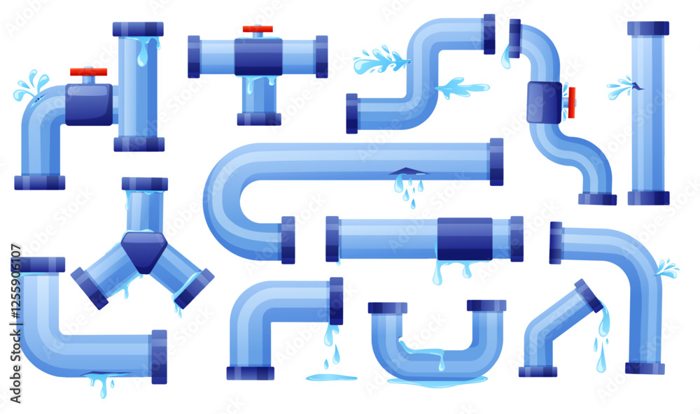 Isolated leaking pipes. Pipe with water drops and puddles. Cartoon industrial metal or plastic system with broken elements, dripping nowaday vector set Isolated leaking pipes. Pipe with water drops and puddles. Cartoon industrial metal or plastic system with broken elements, dripping nowaday vector set